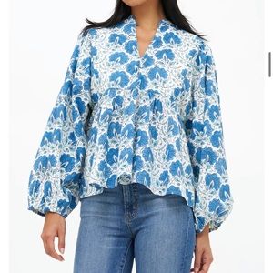 Oliphant Mandarin Balloon Top. Morrison Blue. Size XS